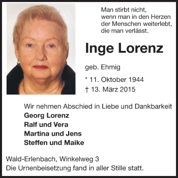 Traueranzeige von Inge Lorenz von Starkenburger Echo