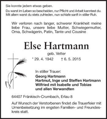 Traueranzeige von Else Hartmann von Odenwälder Echo