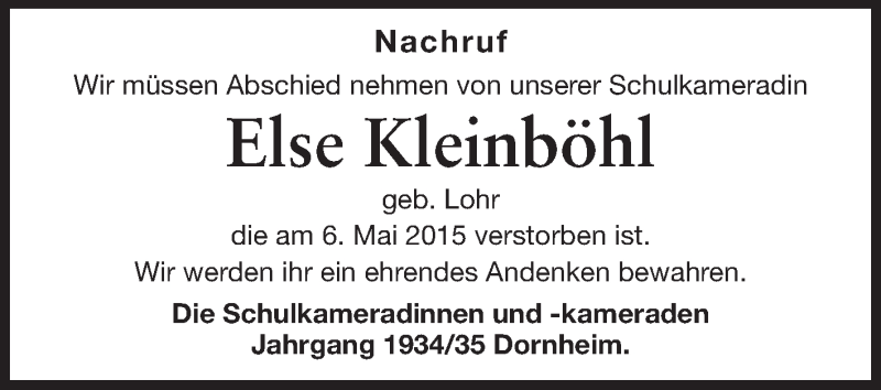  Traueranzeige für Else Kleinböhl vom 18.05.2015 aus Rüsselsheimer Echo, Groß-Gerauer-Echo, Ried Echo