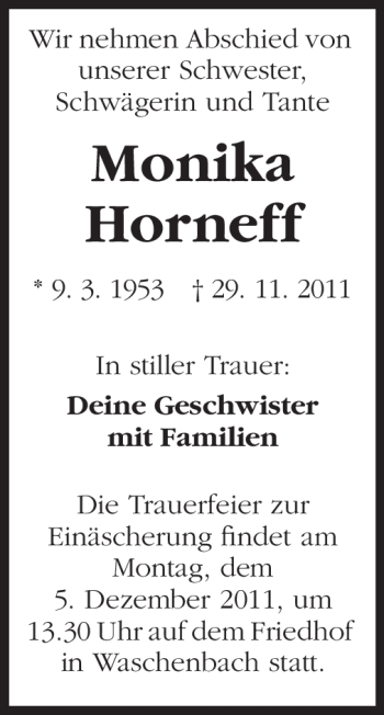 Traueranzeige von Monika Horneff von Echo-Zeitungen (Gesamtausgabe)
