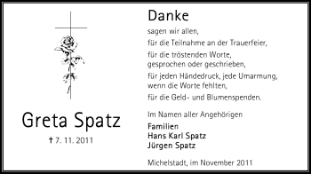 Traueranzeige von Greta Spatz von Odenwälder Echo