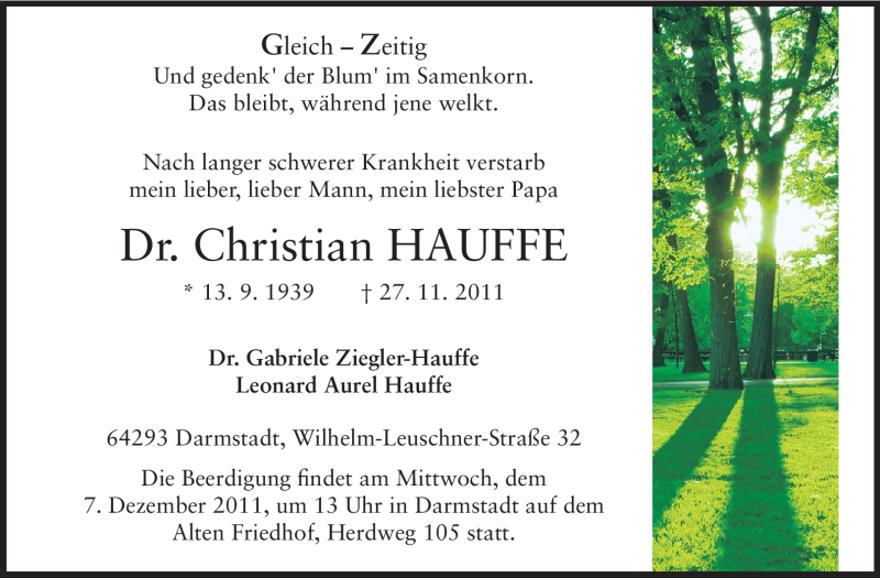  Traueranzeige für Christian Hauffe vom 03.12.2011 aus Echo-Zeitungen (Gesamtausgabe)