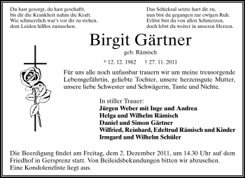 Traueranzeige von Birgit Gärtner von Echo-Zeitungen (Gesamtausgabe)