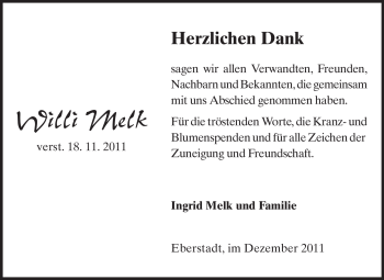 Traueranzeige von Willi Melk von Echo-Zeitungen (Gesamtausgabe)