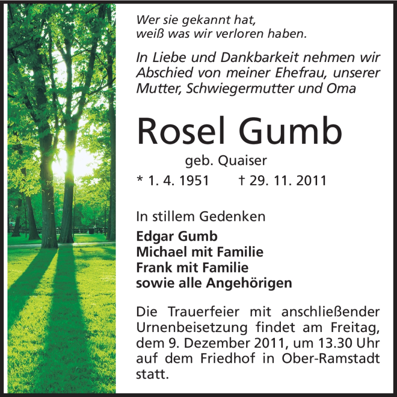  Traueranzeige für Rosel Gumb vom 03.12.2011 aus Darmstädter Echo, Odenwälder Echo, Rüsselsheimer Echo, Groß-Gerauer-Echo, Ried Echo