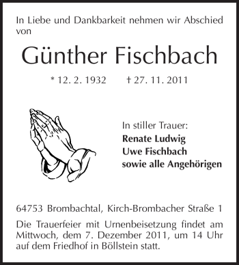 Traueranzeige von Günther Fischbach von Odenwälder Echo