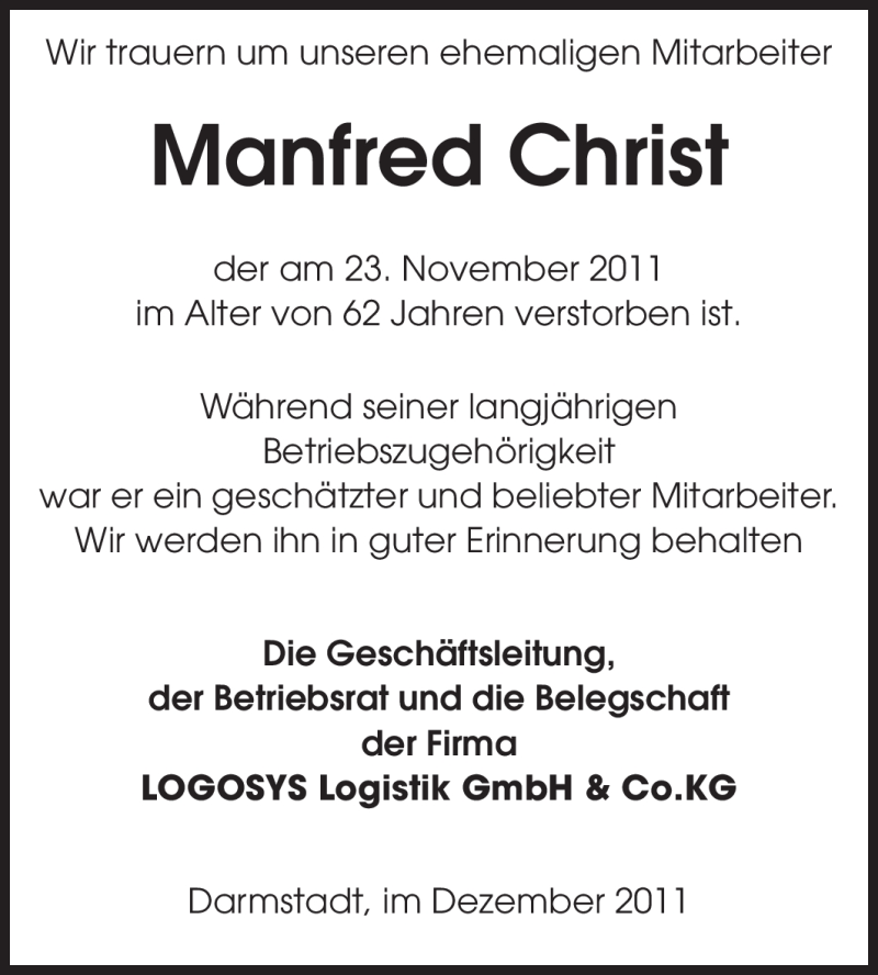  Traueranzeige für Manfred Christ vom 03.12.2011 aus Echo-Zeitungen (Gesamtausgabe)