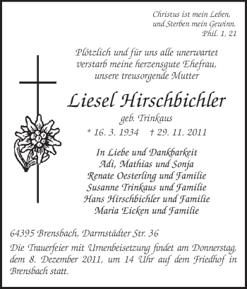 Traueranzeige von Liesel Hirschbichler von Echo-Zeitungen (Gesamtausgabe)
