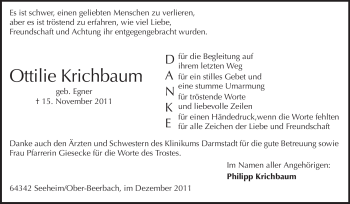 Traueranzeige von Ottilie Krichbaum von Echo-Zeitungen (Gesamtausgabe)