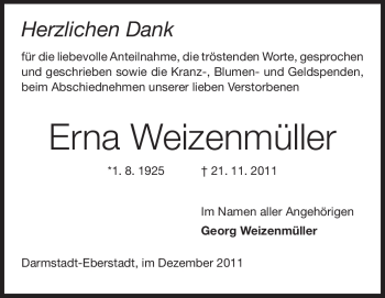 Traueranzeige von Erna Weizenmüller von Echo-Zeitungen (Gesamtausgabe)