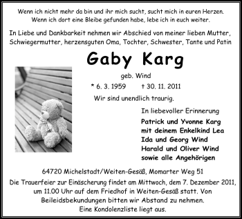 Traueranzeige von Gaby Karg von Odenwälder Echo