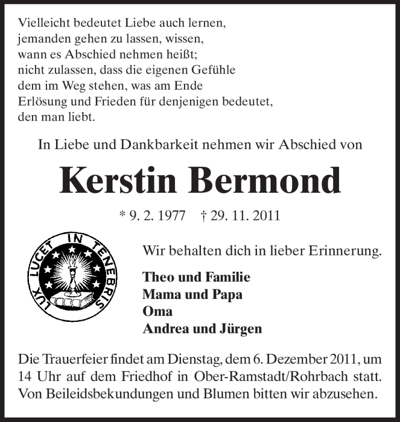  Traueranzeige für Kerstin Bermond vom 03.12.2011 aus Echo-Zeitungen (Gesamtausgabe)