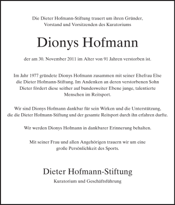 Traueranzeige von Dionys Hofmann von Echo-Zeitungen (Gesamtausgabe)
