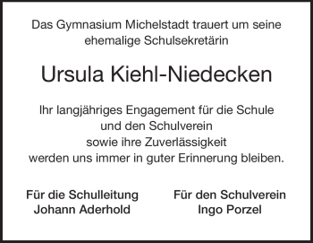 Traueranzeige von Ursula Kiehl-Niedecken von Odenwälder Echo