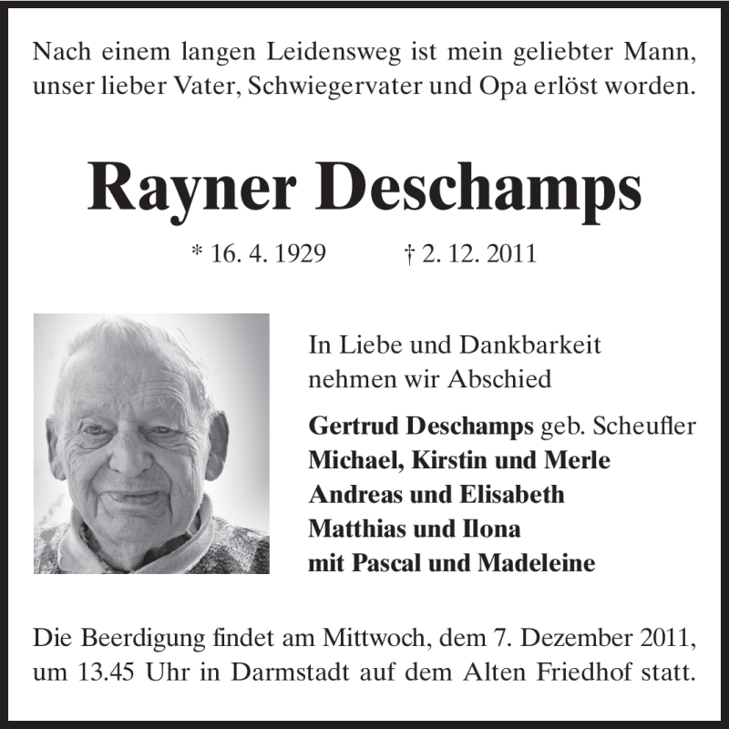  Traueranzeige für Rayner Deschamps vom 03.12.2011 aus Echo-Zeitungen (Gesamtausgabe)