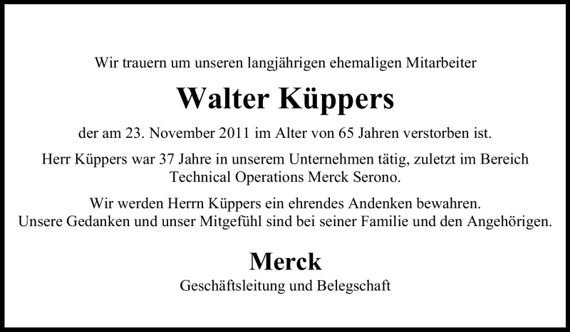  Traueranzeige für Walter Küppers vom 03.12.2011 aus Echo-Zeitungen (Gesamtausgabe)