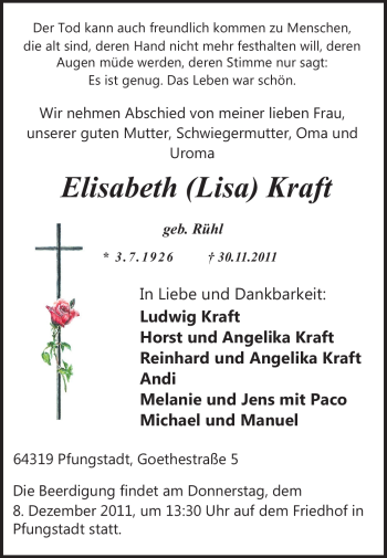 Traueranzeige von Elisabeth Kraft von Echo-Zeitungen (Gesamtausgabe)