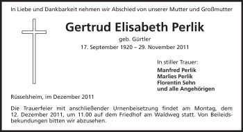 Traueranzeige von Gertrud Elisabeth Perlik von Rüsselsheimer Echo, Groß-Gerauer-Echo, Ried Echo