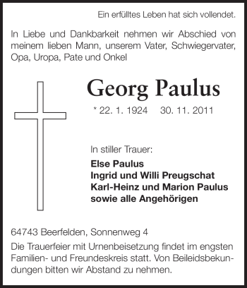 Traueranzeige von Georg Paulus von Odenwälder Echo