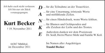 Traueranzeige von Kurt Becker von Echo-Zeitungen (Gesamtausgabe)