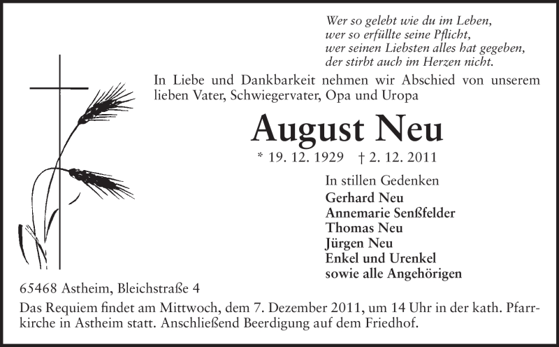  Traueranzeige für August Neu vom 06.12.2011 aus Rüsselsheimer Echo, Groß-Gerauer-Echo, Ried Echo