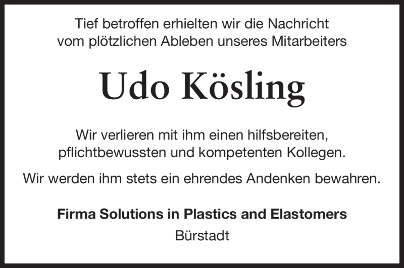  Traueranzeige für Udo Kösling vom 06.12.2011 aus Rüsselsheimer Echo, Groß-Gerauer-Echo, Ried Echo