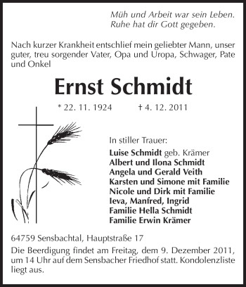 Traueranzeige von Ernst Schmidt von Odenwälder Echo