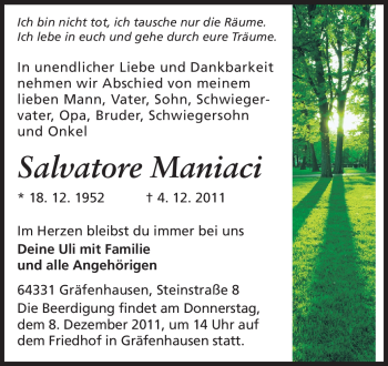 Traueranzeige von Salvatore Maniaci von Echo-Zeitungen (Gesamtausgabe)