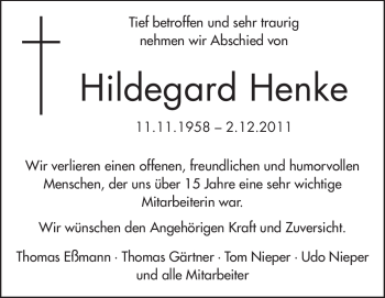 Traueranzeige von Hildegard Henke von Echo-Zeitungen (Gesamtausgabe)