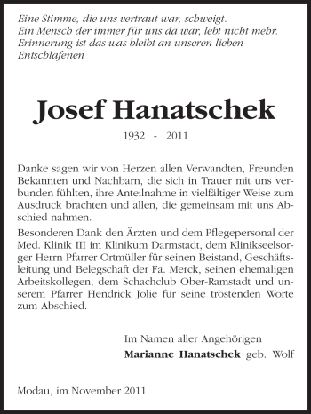 Traueranzeige von Josef Hanatschek von Darmstädter Echo, Odenwälder Echo, Rüsselsheimer Echo, Groß-Gerauer-Echo, Ried Echo