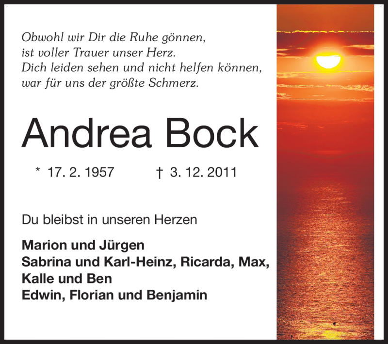  Traueranzeige für Andrea Bock vom 07.12.2011 aus Echo-Zeitungen (Gesamtausgabe)