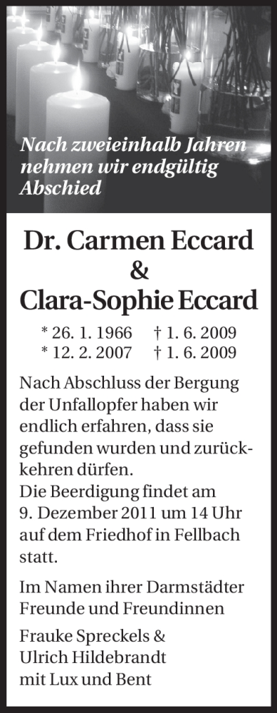  Traueranzeige für Carmen und Clara-Sophie Eccard vom 07.12.2011 aus Echo-Zeitungen (Gesamtausgabe)