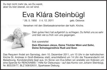 Traueranzeige von Eva Klára Steinbügl von Echo-Zeitungen (Gesamtausgabe)