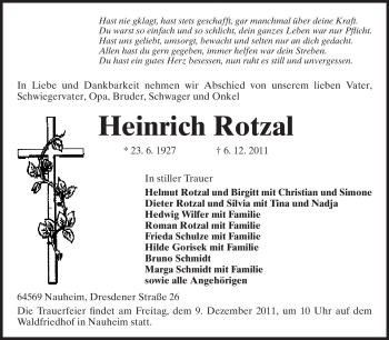 Traueranzeige von Heinrich Rotzal von Rüsselsheimer Echo, Groß-Gerauer-Echo, Ried Echo