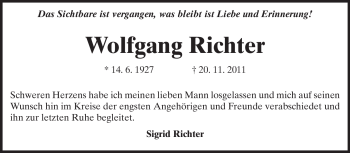Traueranzeige von Wolfgang Richter von Darmstädter Echo, Odenwälder Echo, Rüsselsheimer Echo, Groß-Gerauer-Echo, Ried Echo