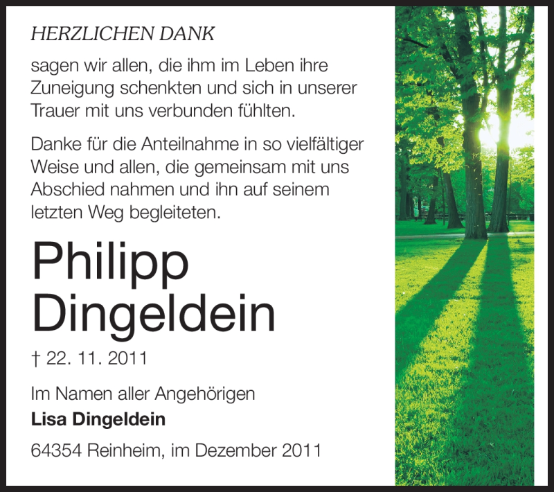  Traueranzeige für Philipp Dingeldein vom 10.12.2011 aus Echo-Zeitungen (Gesamtausgabe)