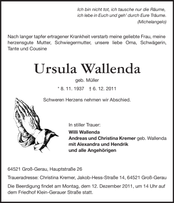 Traueranzeige von Ursula Wallenda von Rüsselsheimer Echo, Groß-Gerauer-Echo, Ried Echo