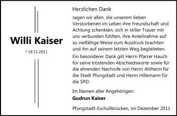 Traueranzeige von Willi Kaiser von Echo-Zeitungen (Gesamtausgabe)