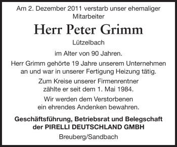 Traueranzeige von Peter Grimm von Odenwälder Echo