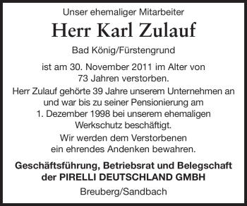 Traueranzeige von Karl Zulauf von Odenwälder Echo