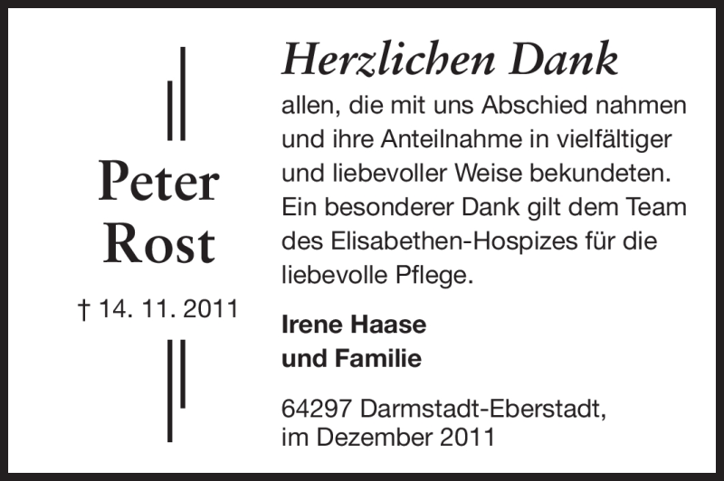  Traueranzeige für Peter Rost vom 10.12.2011 aus Echo-Zeitungen (Gesamtausgabe)