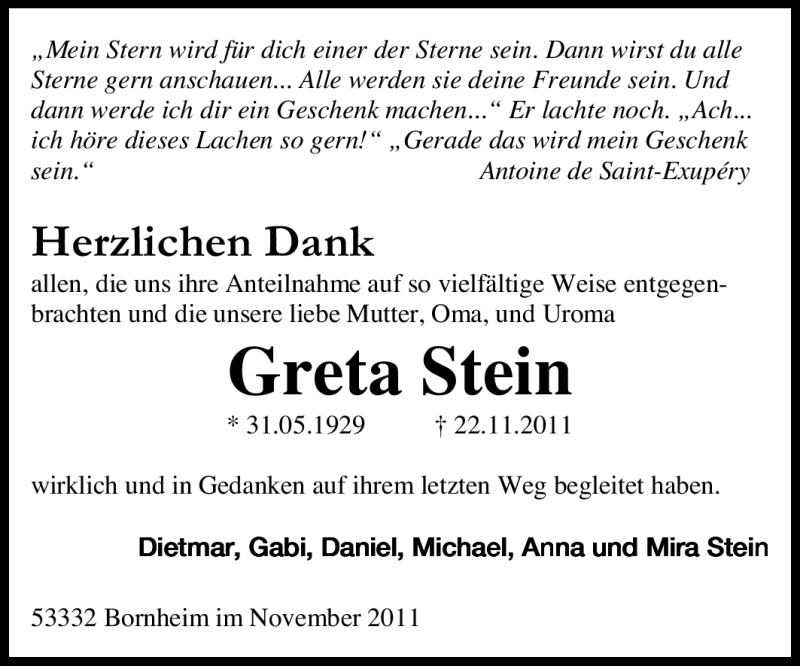  Traueranzeige für Greta Stein vom 10.12.2011 aus Echo-Zeitungen (Gesamtausgabe)