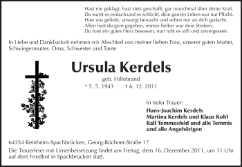 Traueranzeige von Ursula Kerdels von Darmstädter Echo, Odenwälder Echo, Rüsselsheimer Echo, Groß-Gerauer-Echo, Ried Echo