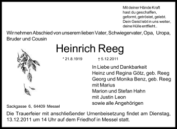 Traueranzeige von Heinrich Reeg von Echo-Zeitungen (Gesamtausgabe)
