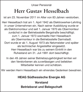 Traueranzeige von Gustav Hesselbach von Echo-Zeitungen (Gesamtausgabe)
