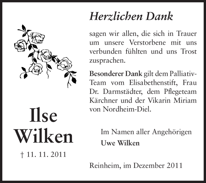  Traueranzeige für Ilse Wilken vom 10.12.2011 aus Echo-Zeitungen (Gesamtausgabe)