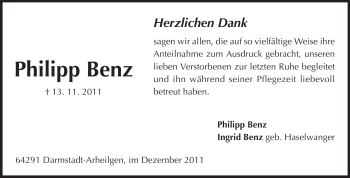 Traueranzeige von Philipp Benz von Echo-Zeitungen (Gesamtausgabe)