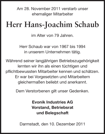 Traueranzeige von Hans-Joachim Schaub von Echo-Zeitungen (Gesamtausgabe)