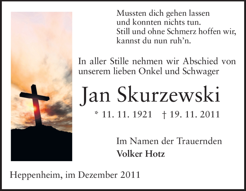  Traueranzeige für Jan Skurzewski vom 09.12.2011 aus Starkenburger Echo