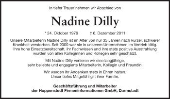 Traueranzeige von Nadine Dilly von Echo-Zeitungen (Gesamtausgabe)